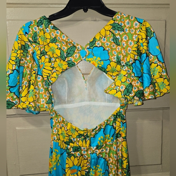 Jack Hartley 1960s Retro Yellow Blue Floral Keyhole Flutter Sleeve Maxi Dress - Picture 3 of 11